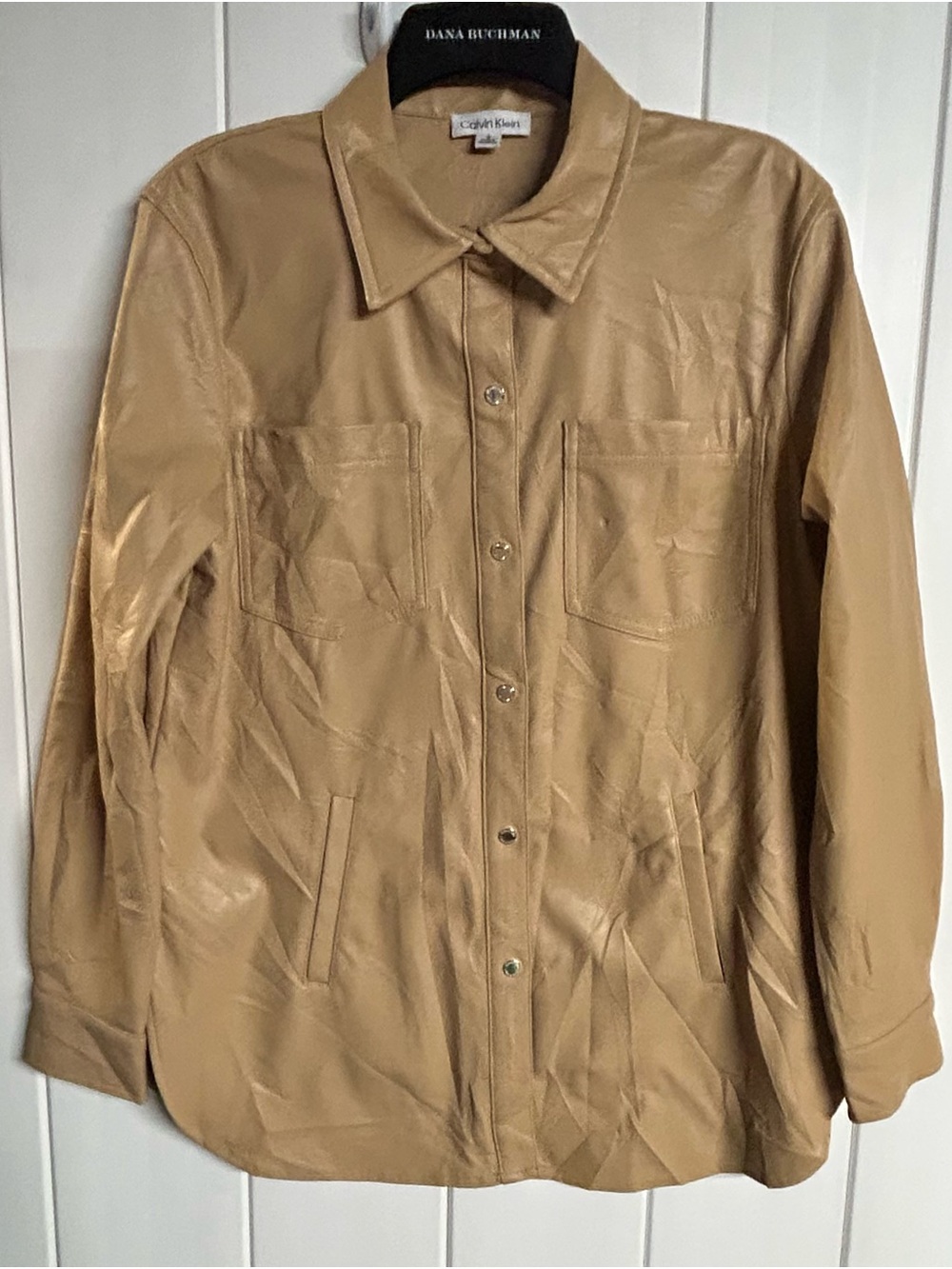 Calvin Klein Women's Tan Faux Leather Button-Front Shirt Jacket